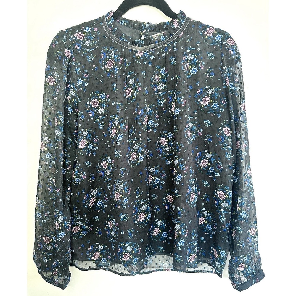 LOFT Floral Clip‎ Dot Blouse Small Black Ruffle Neck Long Sleeve Sheer Cottage